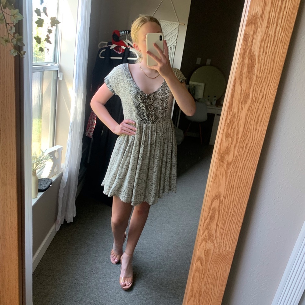 Free People, Brown & Cream, Funky Design, Scoop Neck, Flowy Mini Dress, Size 2